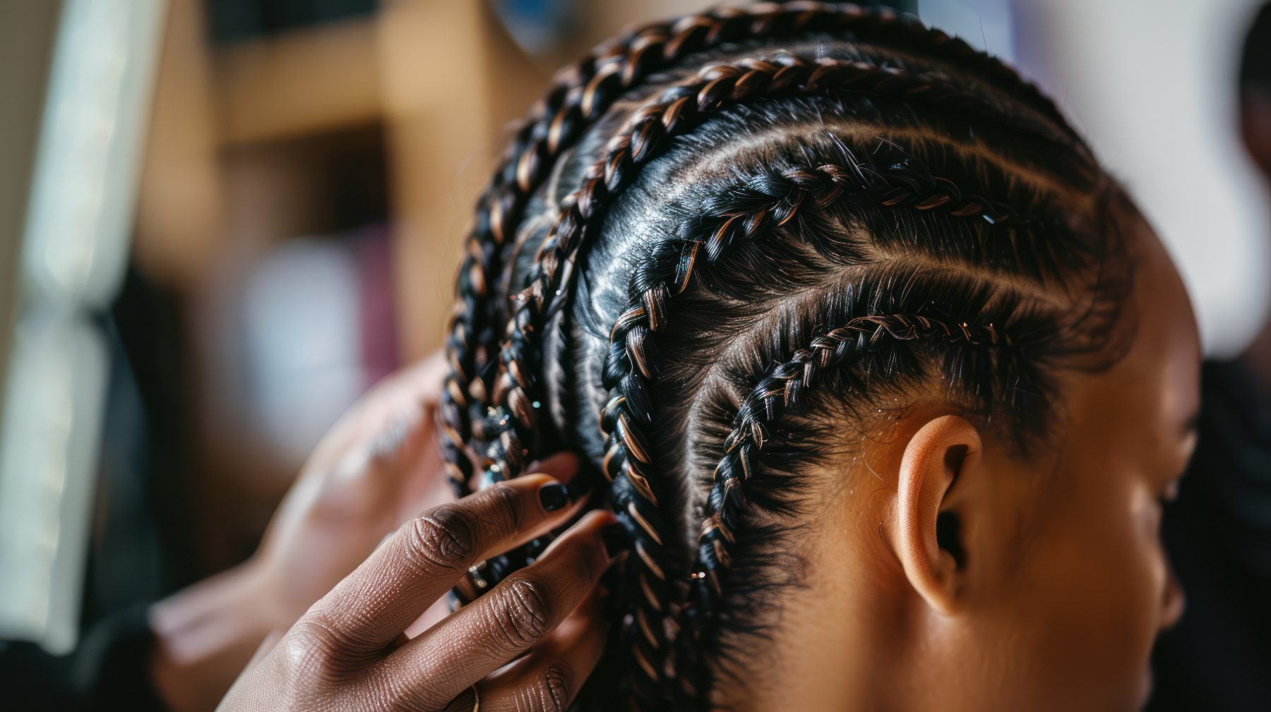 Close-up of cornrow braids being styled by a hairstylist's hands
